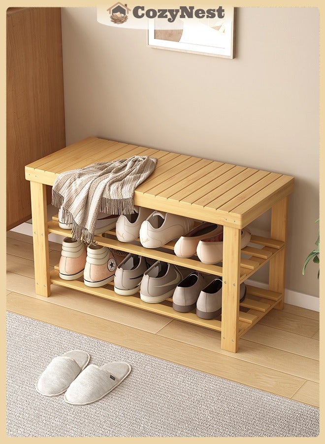 كوزينيست مقعد تخزين الأحذية من الخيزران بثلاث طبقات، منظم أحذية للمدخل مع مقعد جلوس، مثالي للمدخل والحمام وغرفة النوم - Image 1