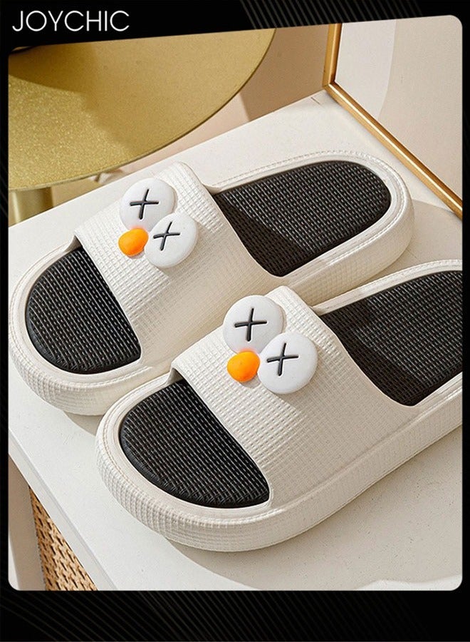 Joychic نعال غرفة النوم بنمط كرتوني عيون كبيرة لفصل الربيع والصيف والخريف، غير قابلة للانزلاق، قابلة للتنفس، سريعة الجفاف، مناسبة للحمام للنساء والرجال والأزواج باللونين الأبيض والأسود - Image 2