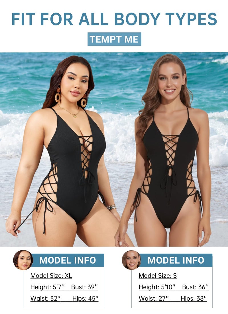 Tempt Me Women Black Sexy Lace Up One Piece Swimsuit Deep Plunge V Neck High Cut Bathing Suits M - Image 5