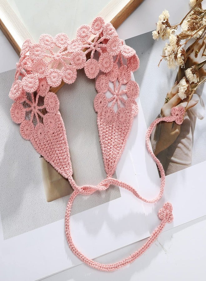 CHLINS Daisy Handmade Bohemian Knit Head Wraps - 3PCS Elastic Crochet Headbands for Women and Girls (Dark Coffee, Pink, Turmeric) - Image 5