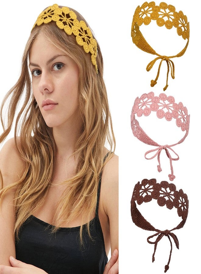 CHLINS Daisy Handmade Bohemian Knit Head Wraps - 3PCS Elastic Crochet Headbands for Women and Girls (Dark Coffee, Pink, Turmeric) - Image 1