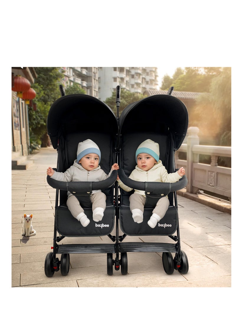 BAYBEE - 2 in 1 Twin Baby Stroller For Newborn Babies, Double Seat Stroller Twins with Adjustable Canopy, Safety Guardrail, Wheel Lock & Parental Handle | Toddler Stroller for Baby 0 to 4 Years Boy Girl Black - Image 1