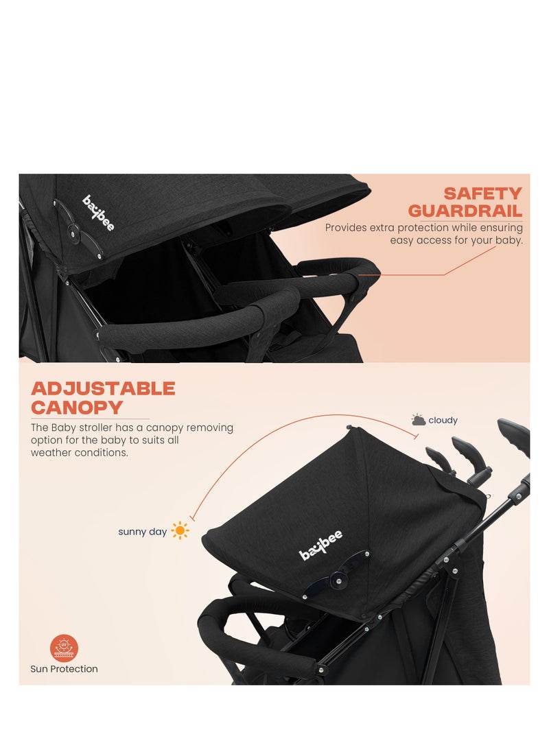 BAYBEE - 2 in 1 Twin Baby Stroller For Newborn Babies, Double Seat Stroller Twins with Adjustable Canopy, Safety Guardrail, Wheel Lock & Parental Handle | Toddler Stroller for Baby 0 to 4 Years Boy Girl Black - Image 1