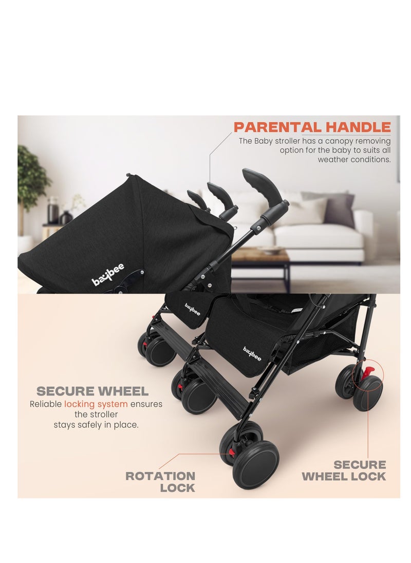BAYBEE - 2 in 1 Twin Baby Stroller For Newborn Babies, Double Seat Stroller Twins with Adjustable Canopy, Safety Guardrail, Wheel Lock & Parental Handle | Toddler Stroller for Baby 0 to 4 Years Boy Girl Black - Image 1