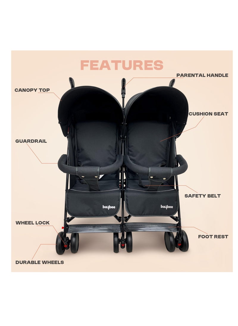 BAYBEE - 2 in 1 Twin Baby Stroller For Newborn Babies, Double Seat Stroller Twins with Adjustable Canopy, Safety Guardrail, Wheel Lock & Parental Handle | Toddler Stroller for Baby 0 to 4 Years Boy Girl Black - Image 1
