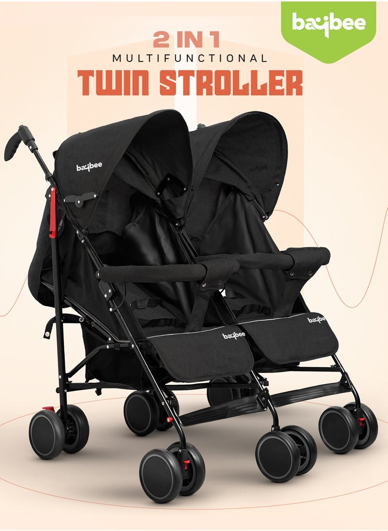 BAYBEE - 2 in 1 Twin Baby Stroller For Newborn Babies, Double Seat Stroller Twins with Adjustable Canopy, Safety Guardrail, Wheel Lock & Parental Handle | Toddler Stroller for Baby 0 to 4 Years Boy Girl Black - Image 1