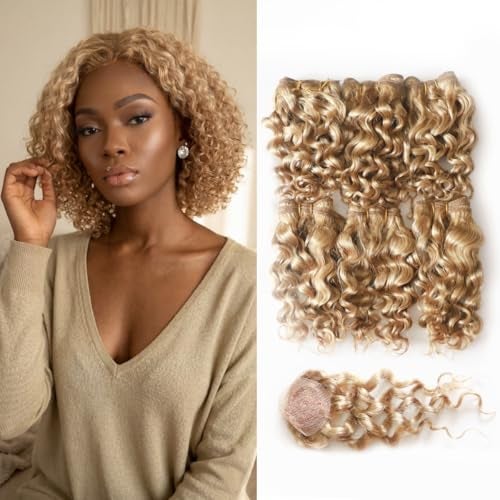VIOLET تمديدات شعر بشري طبيعي برازيلي داكن أشقر قصيرة ومجعدة حزم شعر 27 ذهبية عذراء حزم شعر بشري مجعد عميق - Image 1