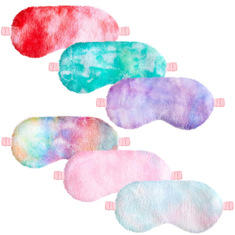 Cuffbow 6 Pcs Plush Sleep Eye Mask Silk Furry Eye Covers for Sleeping Cute Sleep Mask Fluffy Comfortable Sleeping Blindfold for Travel Sleepover Nap Party Supply Women(Tie Dye,Colorful) - Image 1