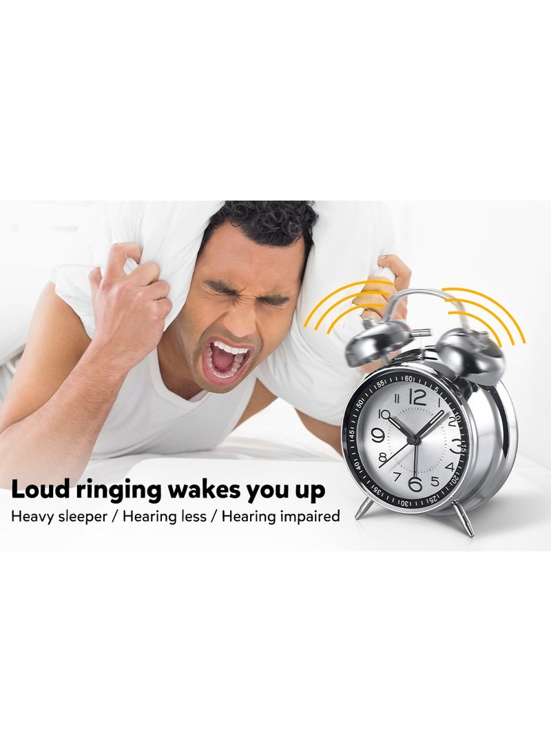 Super Alarm Clock Suitable For Adult Heavy Sleepers, Dual Bell Retro 4-Inch Silent Non Ticking Quartz With Backlight, Metal Dial, Bedroom Bedside Alarm Clock (Silver)  - Image 2