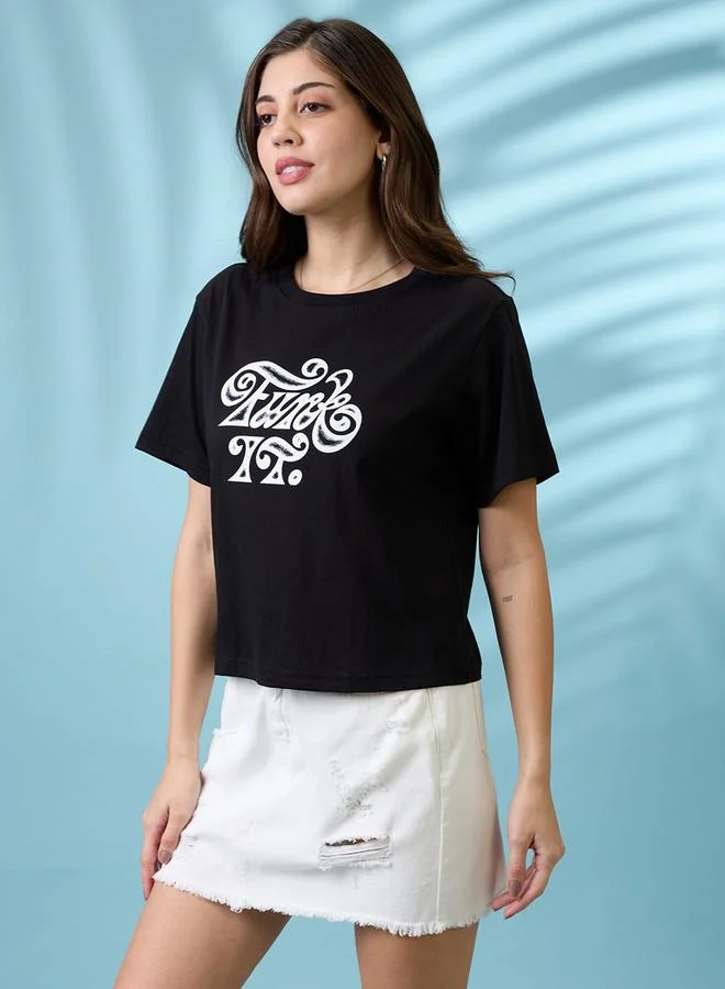 globus Black Graphic Print Round Neck Oversized T Shirt