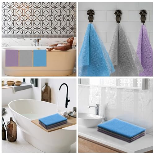 UJFQBH 3 Pieces African exfoliating net African Net Long Net Bath Sponge Exfoliating Shower Body Scrubber Back Scrubber Skin Smoother,Great for Daily Use (Purple Gray Blue) - Image 5