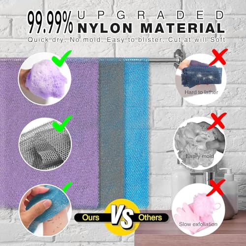 UJFQBH 3 Pieces African exfoliating net African Net Long Net Bath Sponge Exfoliating Shower Body Scrubber Back Scrubber Skin Smoother,Great for Daily Use (Purple Gray Blue) - Image 2