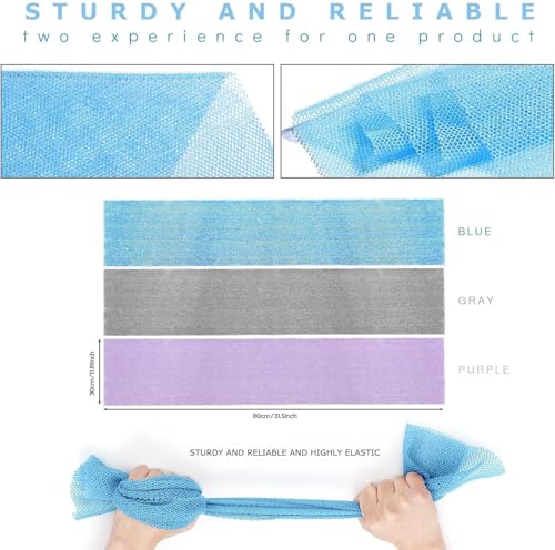 UJFQBH 3 Pieces African exfoliating net African Net Long Net Bath Sponge Exfoliating Shower Body Scrubber Back Scrubber Skin Smoother,Great for Daily Use (Purple Gray Blue) - Image 3