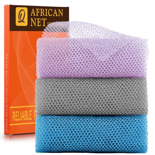 UJFQBH 3 Pieces African exfoliating net African Net Long Net Bath Sponge Exfoliating Shower Body Scrubber Back Scrubber Skin Smoother,Great for Daily Use (Purple Gray Blue) - Image 1