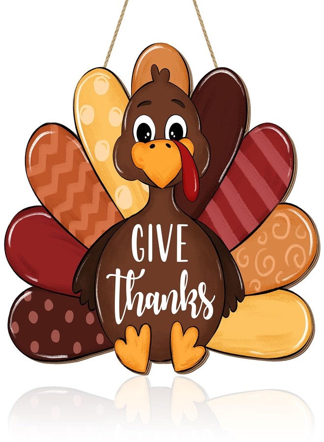 CIOEY Give Thanks Turkey Door Sign Thanksgiving Decorations, Cute Turkey Welcome Wooden Hanging Sign, Wood Autumn Fall Harvest Thankful Wall Plaque Wreath Hanger Decor for Home Yard Porch Brown - Image 1