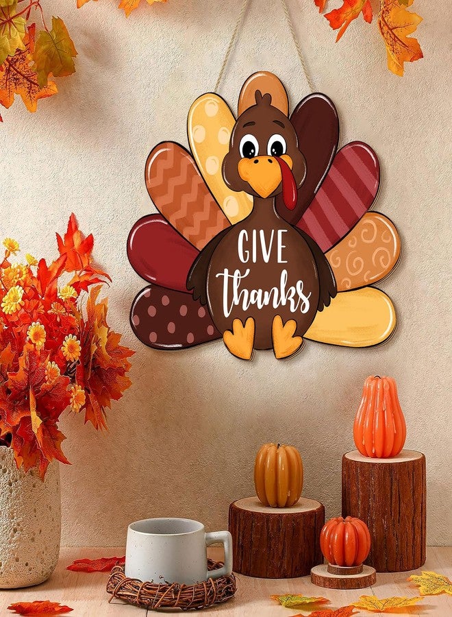 CIOEY Give Thanks Turkey Door Sign Thanksgiving Decorations, Cute Turkey Welcome Wooden Hanging Sign, Wood Autumn Fall Harvest Thankful Wall Plaque Wreath Hanger Decor for Home Yard Porch Brown - Image 3