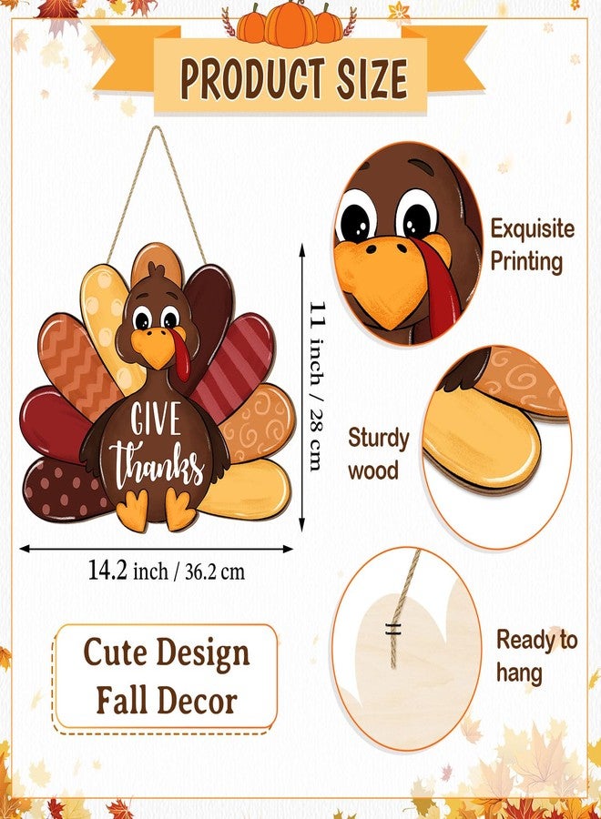 CIOEY Give Thanks Turkey Door Sign Thanksgiving Decorations, Cute Turkey Welcome Wooden Hanging Sign, Wood Autumn Fall Harvest Thankful Wall Plaque Wreath Hanger Decor for Home Yard Porch Brown - Image 2