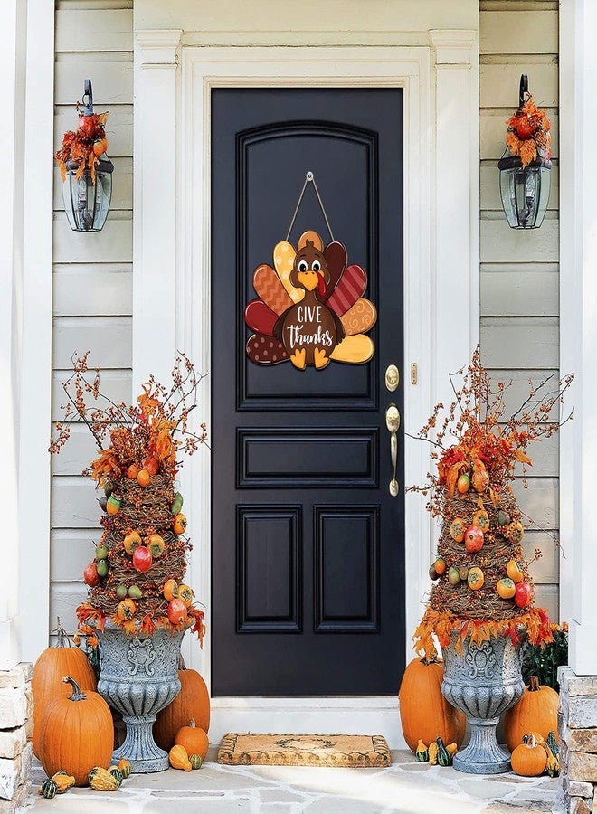 CIOEY Give Thanks Turkey Door Sign Thanksgiving Decorations, Cute Turkey Welcome Wooden Hanging Sign, Wood Autumn Fall Harvest Thankful Wall Plaque Wreath Hanger Decor for Home Yard Porch Brown - Image 4