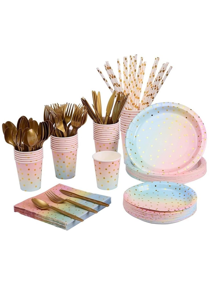 سوفام 200 PCS Dinnerware Disposable Set, Pastel Paper Plates Napkins Cups Gold Plastic Plastic Silverware Sets Serves for 25, for Wedding Birthday Baby Shower Holiday Parties Paper - Image 1