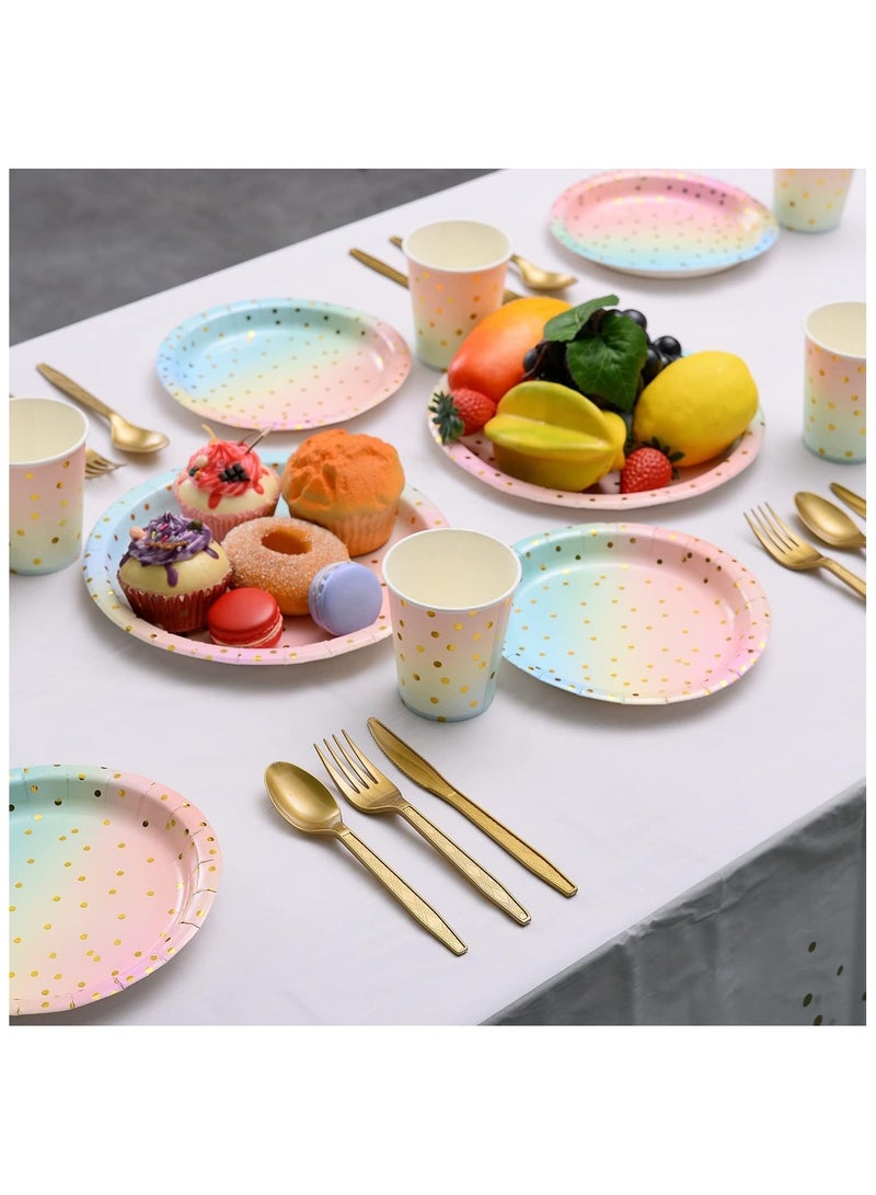 سوفام 200 PCS Dinnerware Disposable Set, Pastel Paper Plates Napkins Cups Gold Plastic Plastic Silverware Sets Serves for 25, for Wedding Birthday Baby Shower Holiday Parties Paper - Image 2