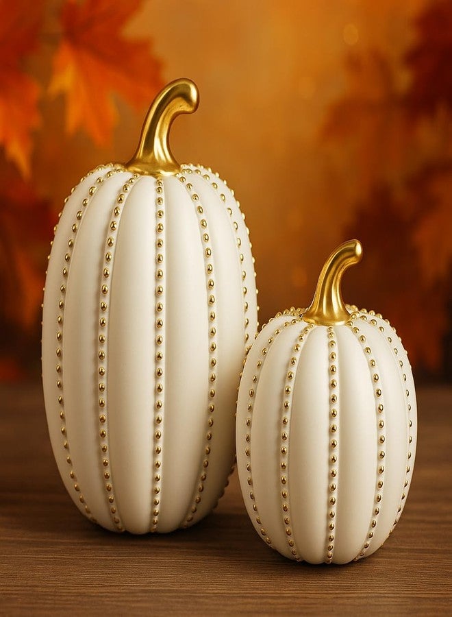 iStatue Set of 2 Decorative Pumpkins - Elegant Beaded Resin Fall Decorations, Thanksgiving Table Centerpiece, Autumn Home Decor, Glam Farmhouse Style (White) - Image 1