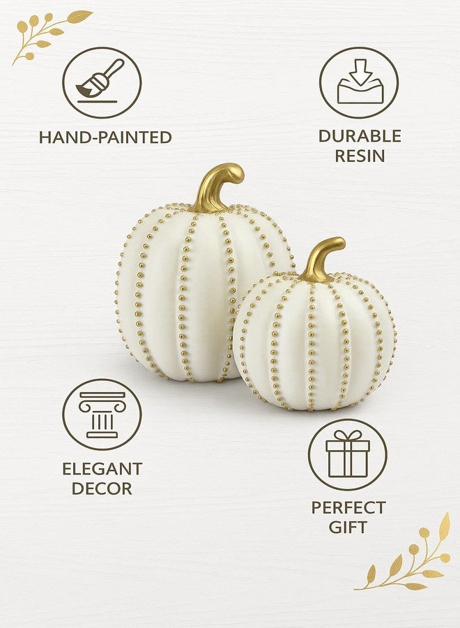iStatue Set of 2 Decorative Pumpkins - Elegant Beaded Resin Fall Decorations, Thanksgiving Table Centerpiece, Autumn Home Decor, Glam Farmhouse Style (White) - Image 5