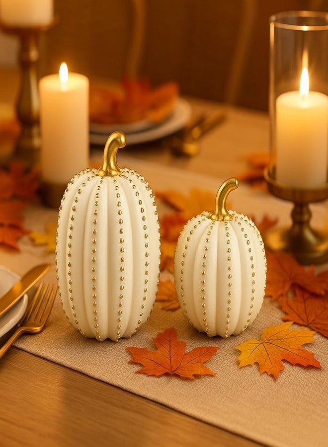iStatue Set of 2 Decorative Pumpkins - Elegant Beaded Resin Fall Decorations, Thanksgiving Table Centerpiece, Autumn Home Decor, Glam Farmhouse Style (White) - Image 2
