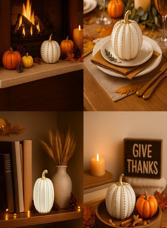 iStatue Set of 2 Decorative Pumpkins - Elegant Beaded Resin Fall Decorations, Thanksgiving Table Centerpiece, Autumn Home Decor, Glam Farmhouse Style (White) - Image 4