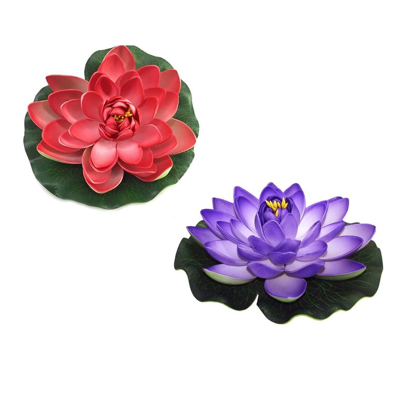 Generic Jainsons Artificial Plastic MultiColored Lotus with Leaf for Decoration 18 CM in Diameter Random Colours PinkREDBlueYellow 2 pcs  - Image 1