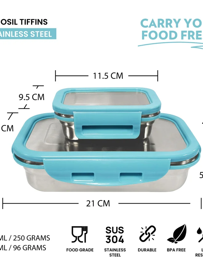 بوروسيل طقم علب غداء مستطيلة من الستانلس ستيل قطعتين ٨٠٠ مل و ٢٠٠ مل - أزرق