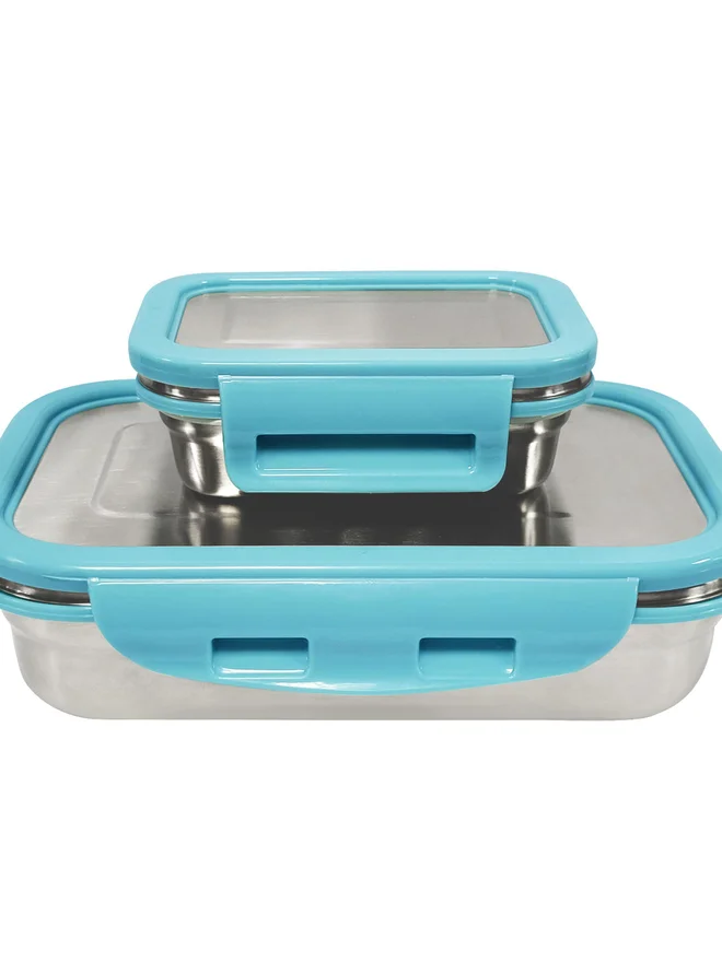 بوروسيل طقم علب غداء مستطيلة من الستانلس ستيل قطعتين ٨٠٠ مل و ٢٠٠ مل - أزرق