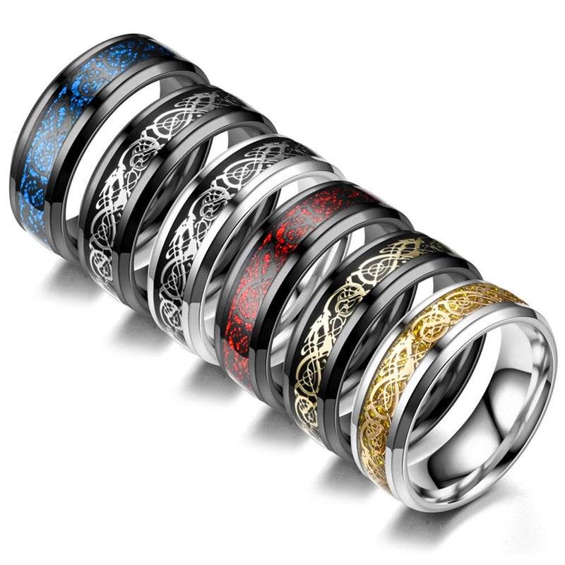 CASDAN 6Pcs 8mm Stainless Steel Rings for Men Celtic Dragon Beveled Edges Celtic Black Rings Carbide Wedding Band Ring Set, 10 - Image 1