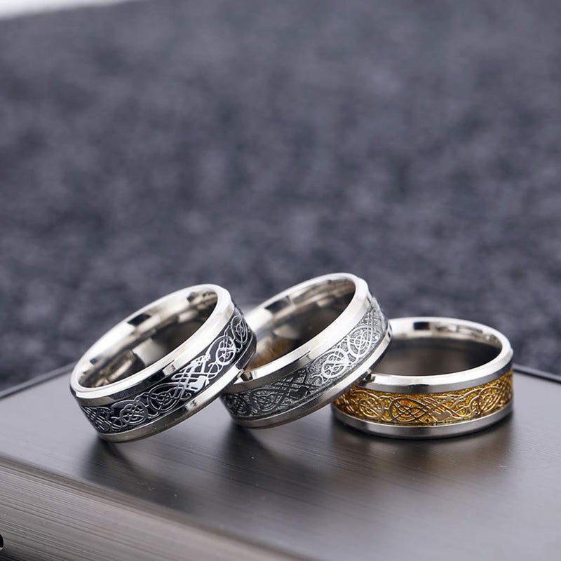 CASDAN 6Pcs 8mm Stainless Steel Rings for Men Celtic Dragon Beveled Edges Celtic Black Rings Carbide Wedding Band Ring Set, 10 - Image 5