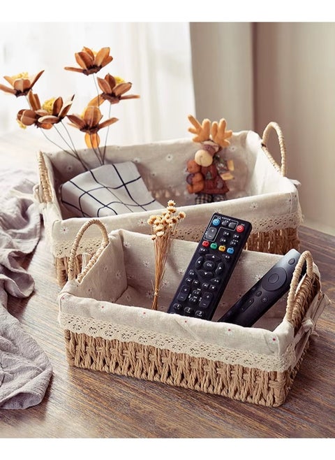 Set of 2 Eco-Friendly Handwoven Storage Baskets with Handles – Durable Rectangular Woven Bins with Sturdy Plastic Frame and Removable Fabric Liners, Home Organization for Living Room, Bedroom, Bathroom, and Nursery – Beige