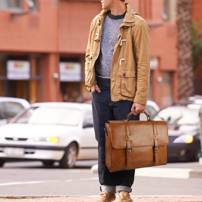 Lubardy Mens Messenger Bag Vintage 15.6 Inch Waterproof Leather Laptop Briefcase Large Satchel Shoulder Bag Retro Office College Computer Bag, Brown - Image 2