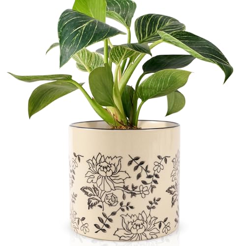 STHIE Indoor Ceramic Plant Pots with Drainage Holes 5 Inch Cute Succulent Flower Pots Small Orchid Planter Pots for Indoor Plants Garden Pots, Peony - Image 1