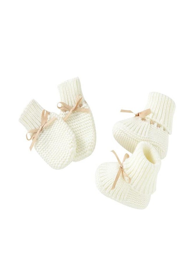 LAWKUL Newborn Baby Mittens Gloves & First Walking Booties Infants Knit Socks Winter Slippers Full Finger Glove 12-18M White - Image 1