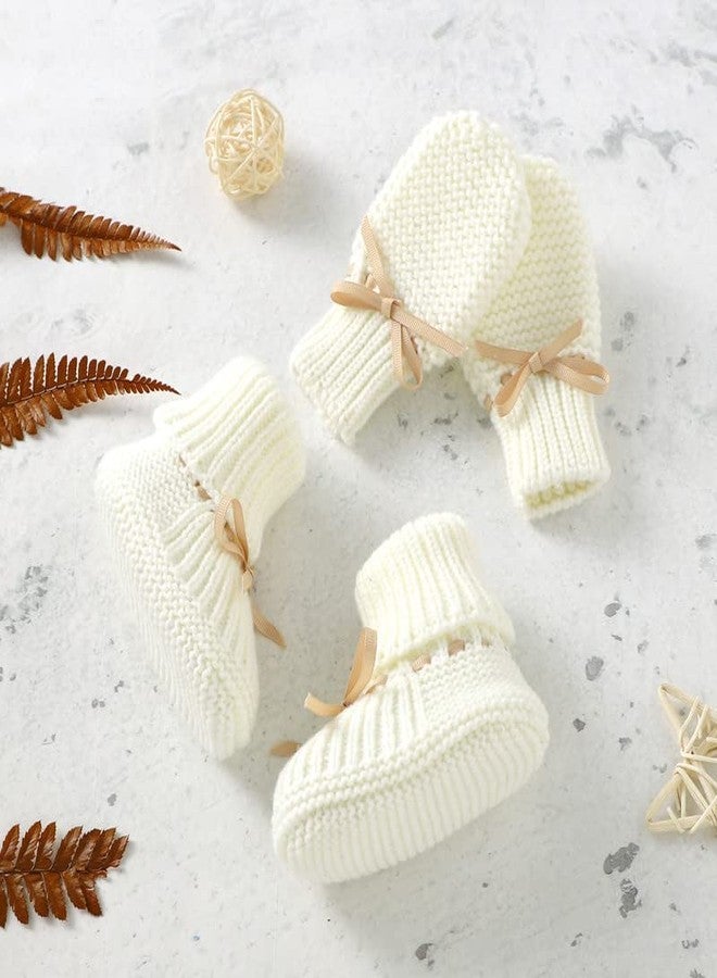 LAWKUL Newborn Baby Mittens Gloves & First Walking Booties Infants Knit Socks Winter Slippers Full Finger Glove 12-18M White - Image 2