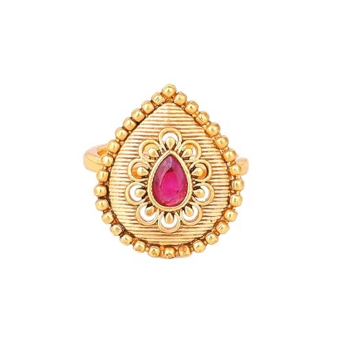 Estele Fashion Jewellery Finger Rings for Women Gold Plated Traditional Drop Designer Matte Finish Adjustable Finger Ring with Ruby Crystals for Women-AD-146-IGRB RING - Image 2