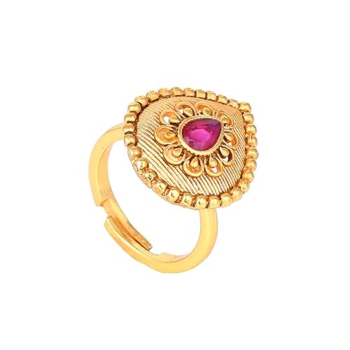 Estele Fashion Jewellery Finger Rings for Women Gold Plated Traditional Drop Designer Matte Finish Adjustable Finger Ring with Ruby Crystals for Women-AD-146-IGRB RING - Image 1