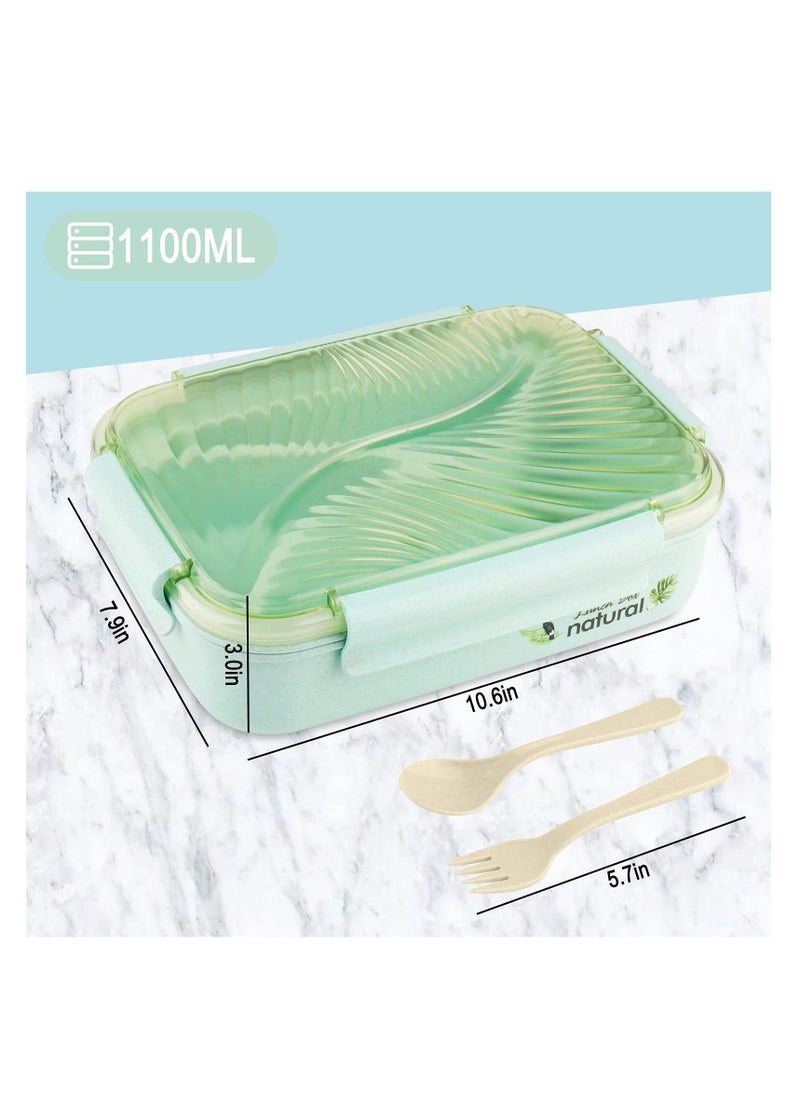 Bento Lunch Box for Adults, Leakproof Boxes, 1100ML with Utensils, Wheat Straw - Meal Prep Containers Portion Control, Microwave & Dishwasher Safe, BPA Free (Green