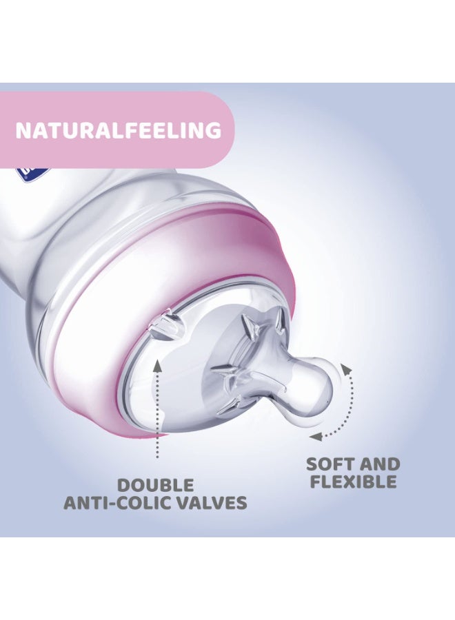 Chicco Natural Feeling PP Feeding Bottle I Double Anti-Colic Valve I Breast Like Latch I Soft Silicone I Food Grade I BPA Free I Wide Neck I New Born | 150ml, Slow Flow 0+ Months Pink 1Pc - Image 2
