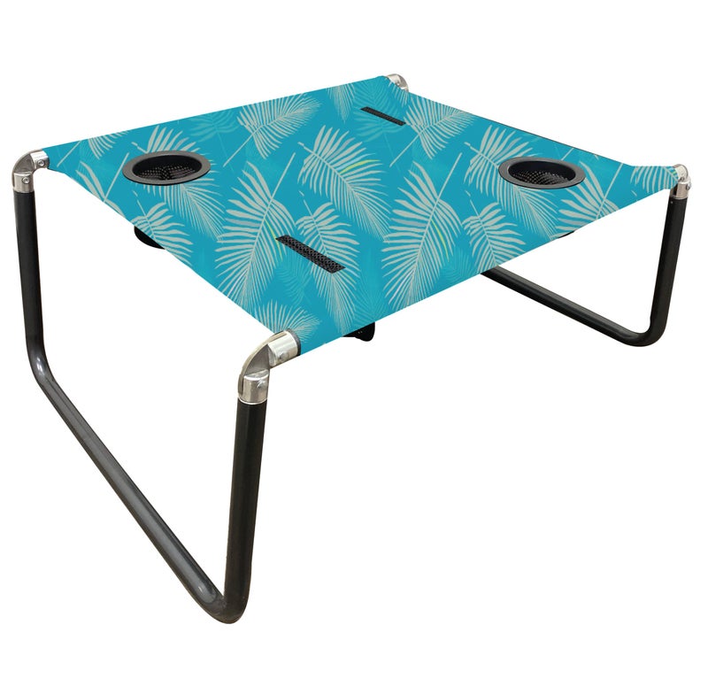 Neso Portable Beach Table with Cup Holders Cell Phone Pockets Lightweight for Picnics and Parks Aqua Fronds