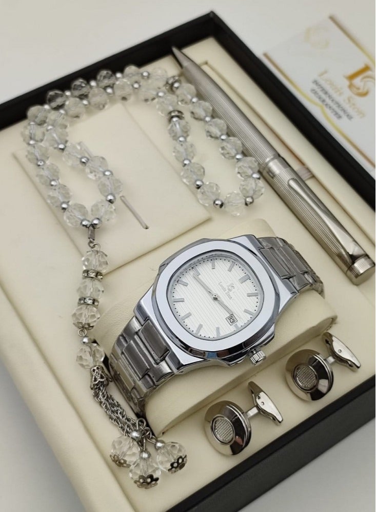 Louis Ston A gift set for a high-quality men's watch from Louis Ston, with a silver bracelet and a white dial with the date display