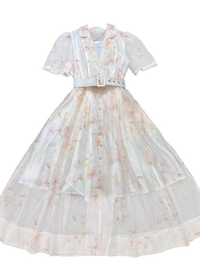Meilun Pastel Floral Puff - Sleeve Belted Shirt Midi Dress  - Image 5