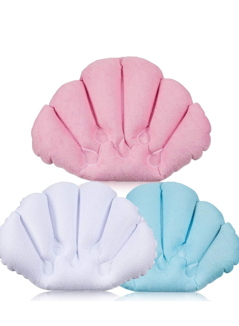 SYOSI وسادة استحمام قابلة للنفخ، وسائد لحوض الاستحمام - وسادة دعم الرأس لحوض الاستحمام - قماش تيري مع أكواب شفط لدعم الرقبة في حوض الاستحمام (وردي وأزرق وأبيض) 3 عبوات - Image 1