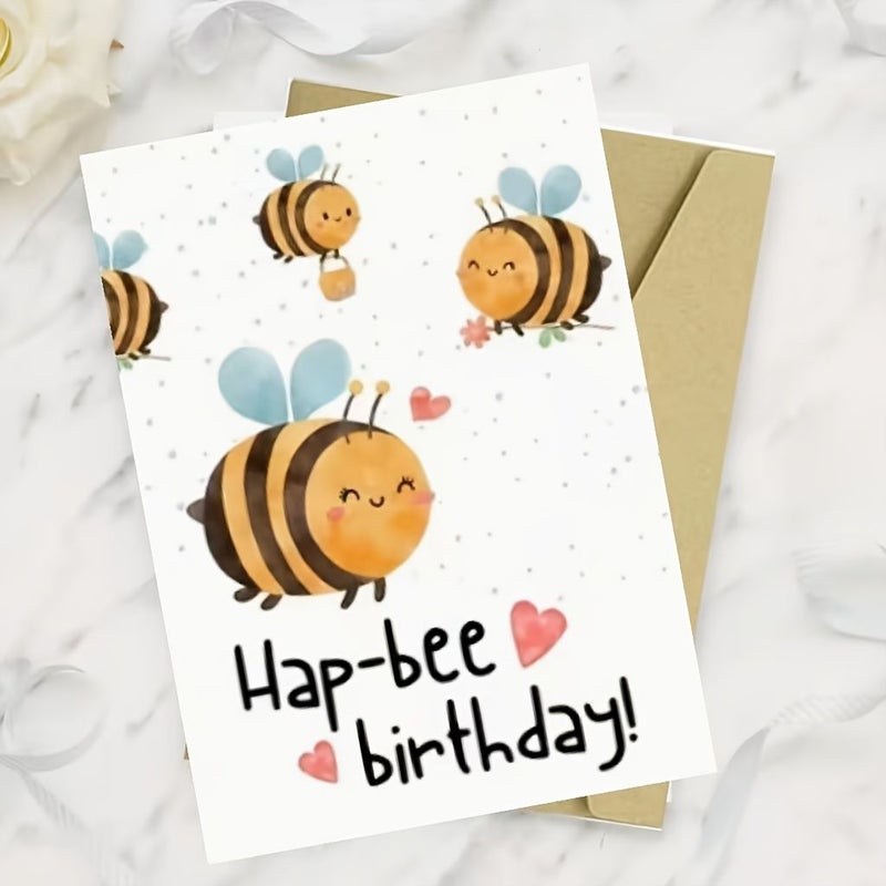 بطاقة عيد ميلاد صفراء فاتحة باللون البيج مع ظرف "Hap Bee Heart" ذات معنى مزدوج - Image 2