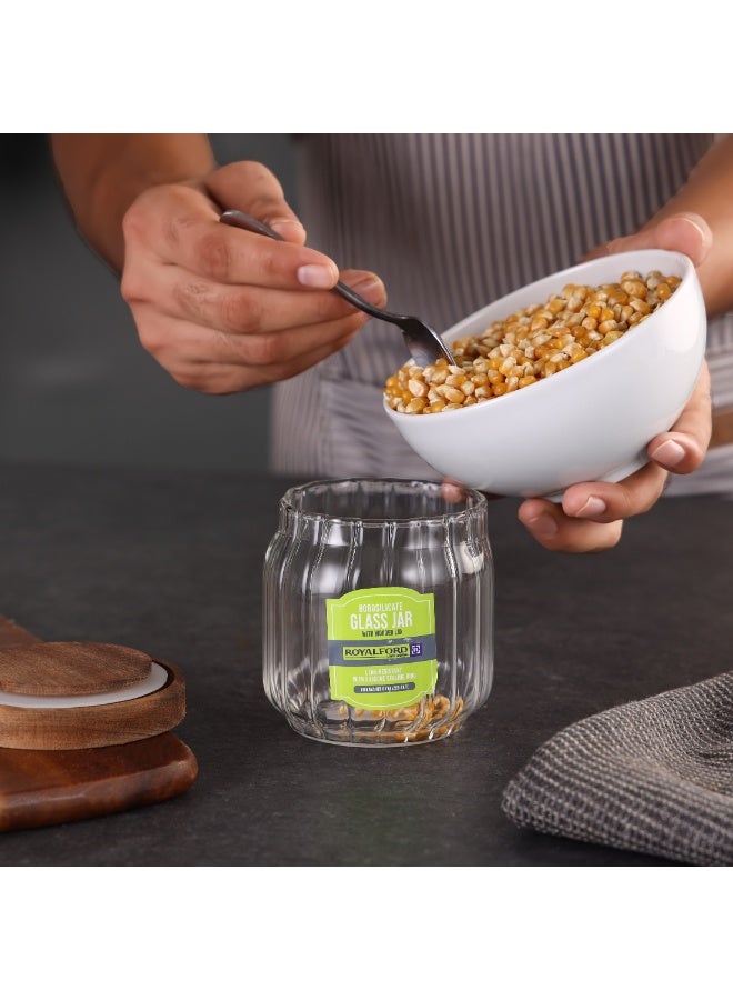 Royalford 350 ml Round Borosilicate Glass Jar with Airtight Wooden Lid-RF12773/ Container with Silicone Sealing Ring, Dishwasher Safe clear 350ml - Image 5