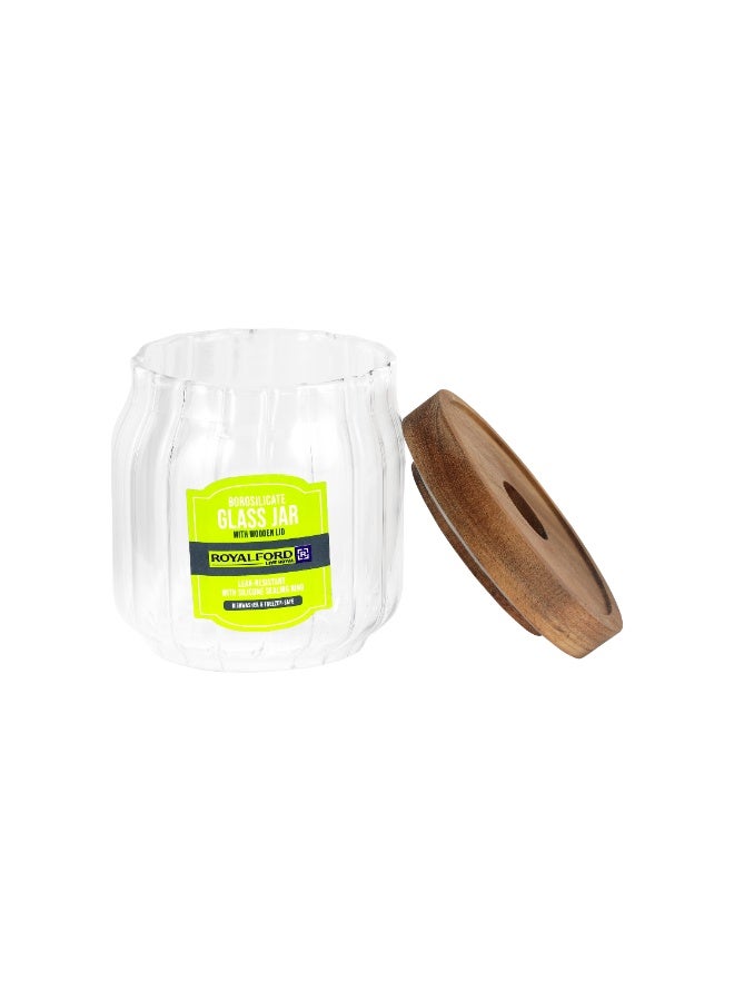 Royalford 350 ml Round Borosilicate Glass Jar with Airtight Wooden Lid-RF12773/ Container with Silicone Sealing Ring, Dishwasher Safe clear 350ml - Image 2