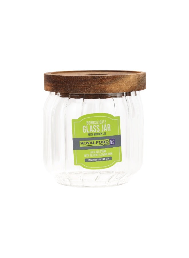 Royalford 350 ml Round Borosilicate Glass Jar with Airtight Wooden Lid-RF12773/ Container with Silicone Sealing Ring, Dishwasher Safe clear 350ml - Image 1